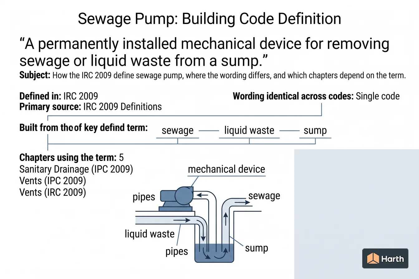 Labeled code-term definition diagram: Sewage Pump: Building Code Definition