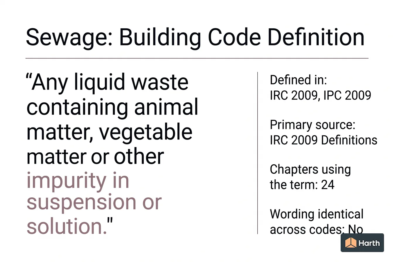 Labeled code-term definition diagram: Sewage: Building Code Definition