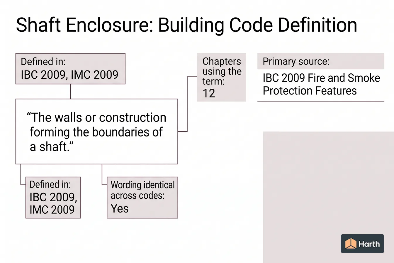 Labeled code-term definition diagram: Shaft Enclosure: Building Code Definition