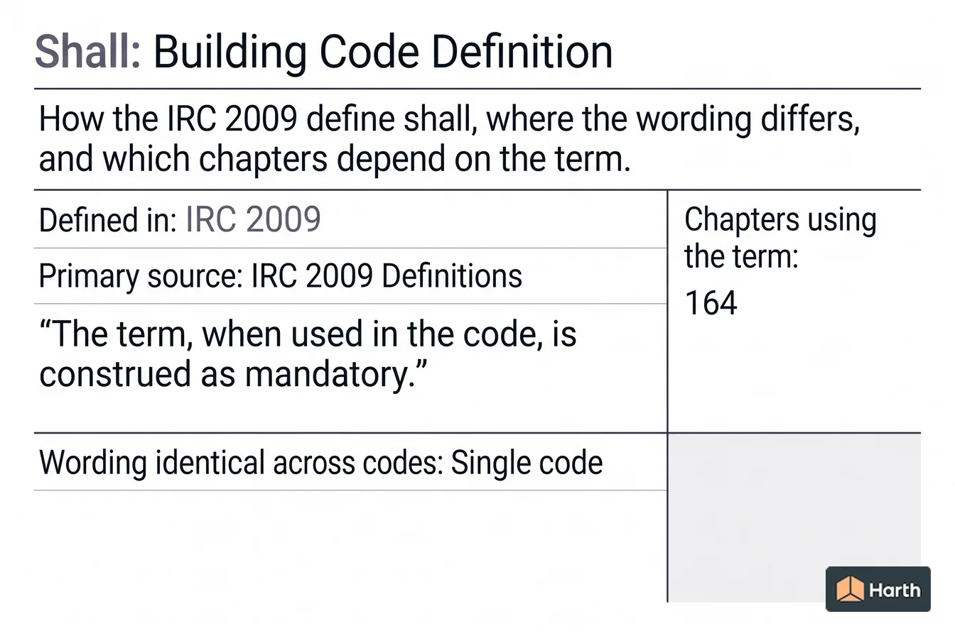 Labeled code-term definition diagram: Shall: Building Code Definition