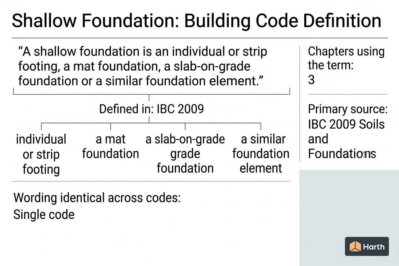 Labeled code-term definition diagram: Shallow Foundation: Building Code Definition