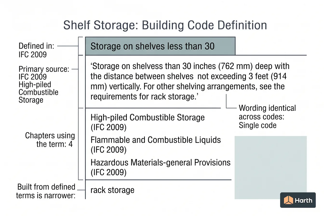 Labeled code-term definition diagram: Shelf Storage: Building Code Definition