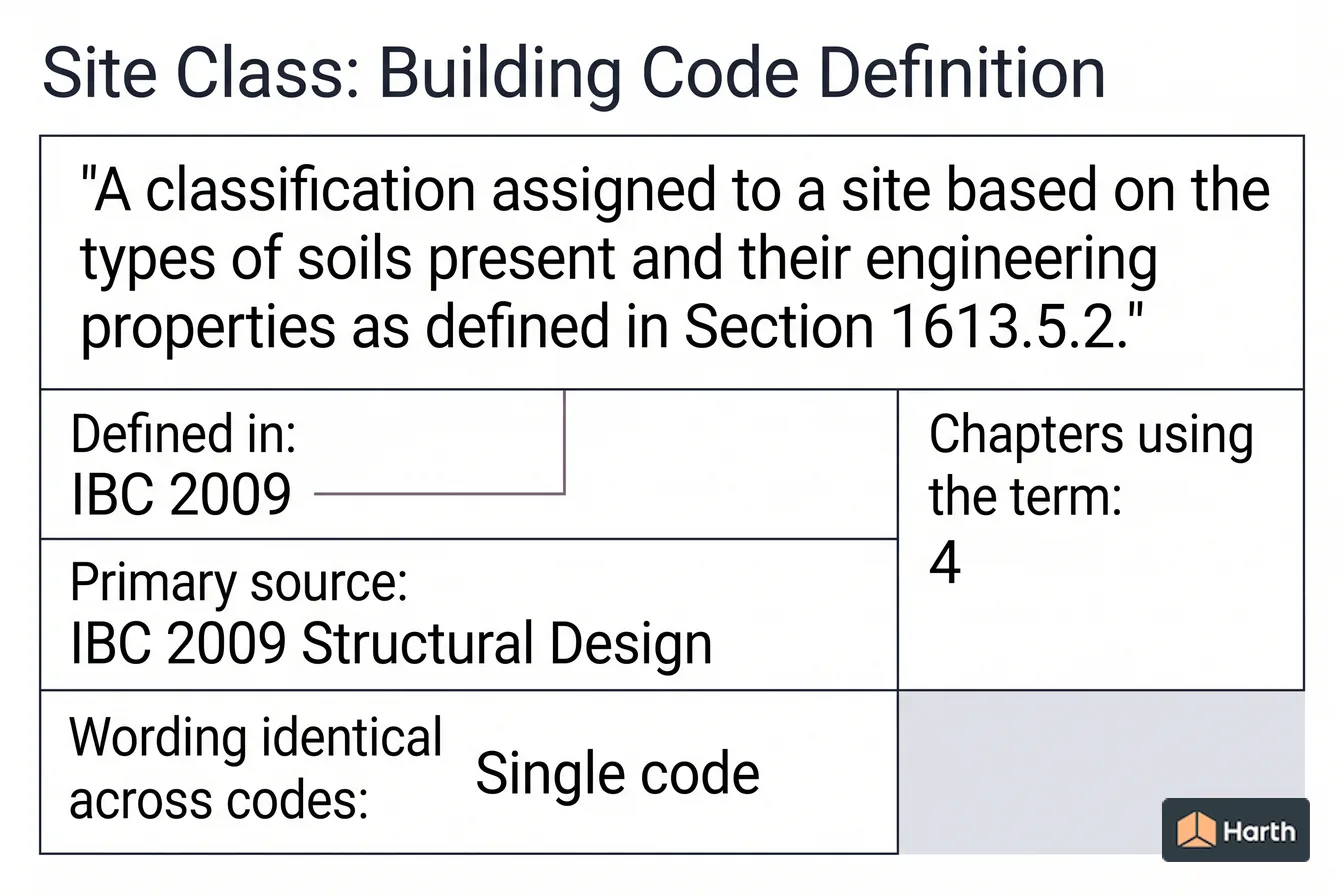 Labeled code-term definition diagram: Site Class: Building Code Definition