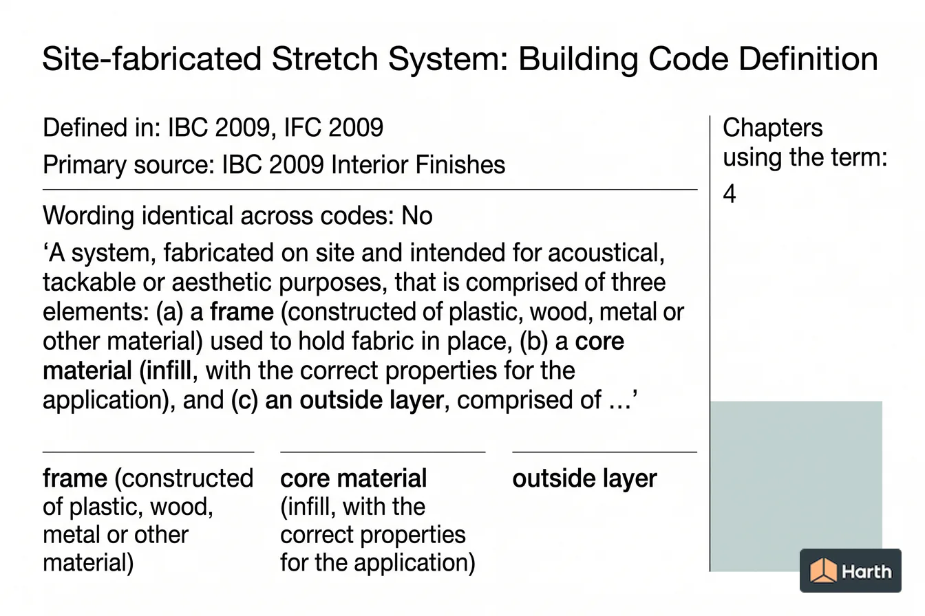 Labeled code-term definition diagram: Site-fabricated Stretch System: Building Code Definition