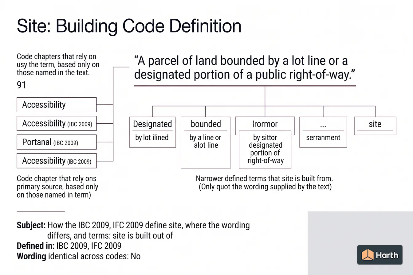 Labeled code-term definition diagram: Site: Building Code Definition