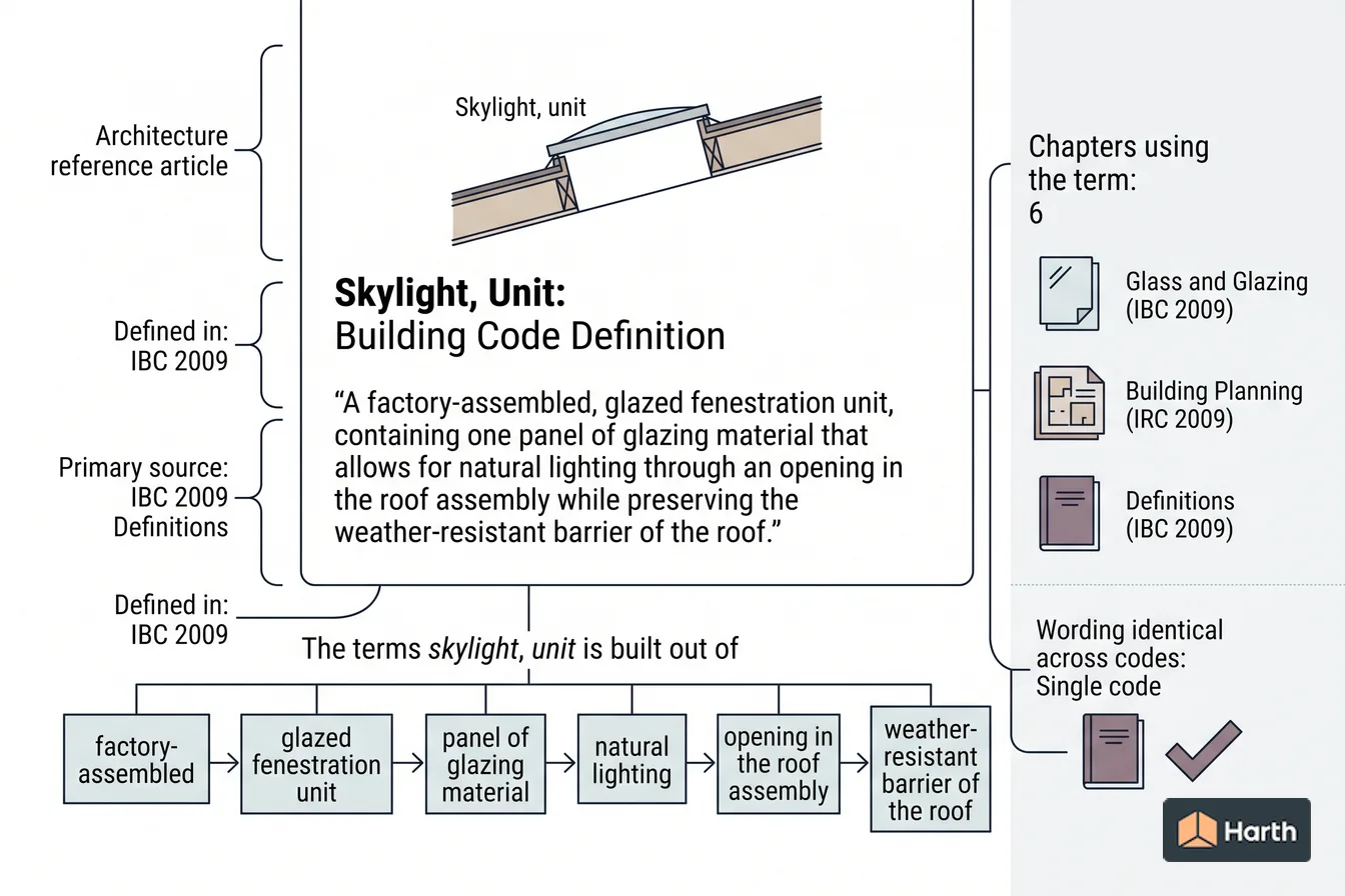 Labeled code-term definition diagram: Skylight, Unit: Building Code Definition