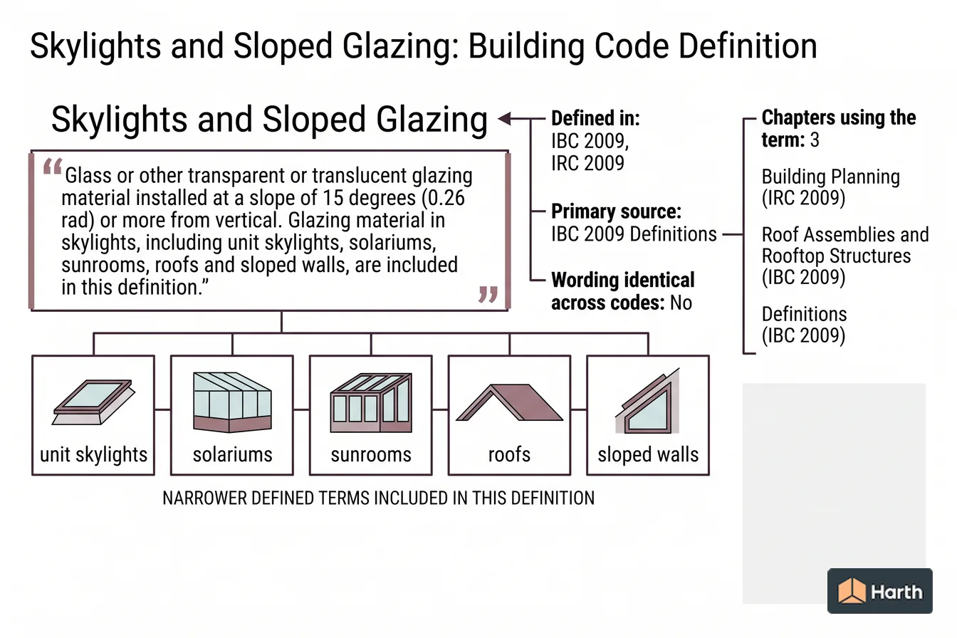 Labeled code-term definition diagram: Skylights and Sloped Glazing: Building Code Definition