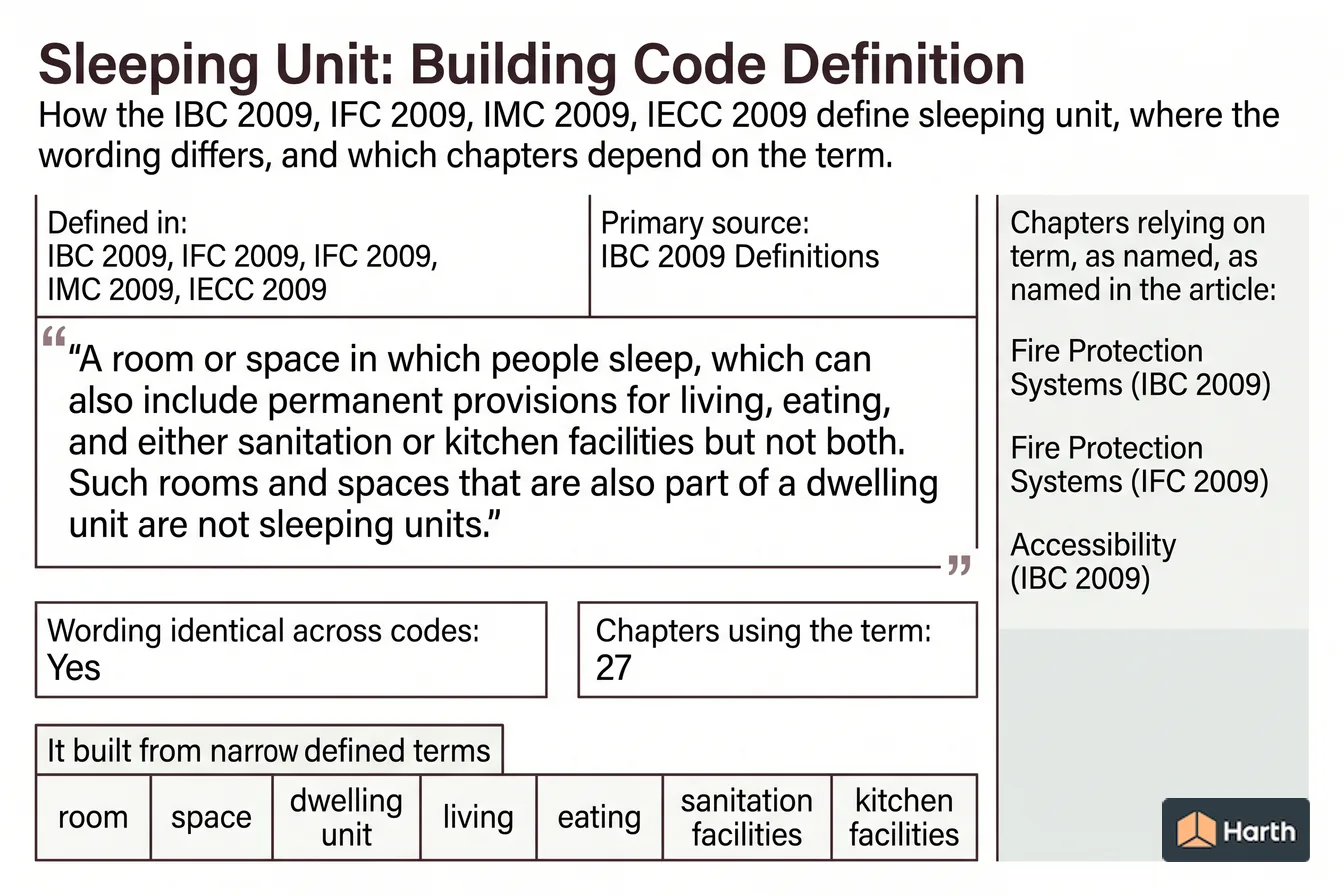 Labeled code-term definition diagram: Sleeping Unit: Building Code Definition