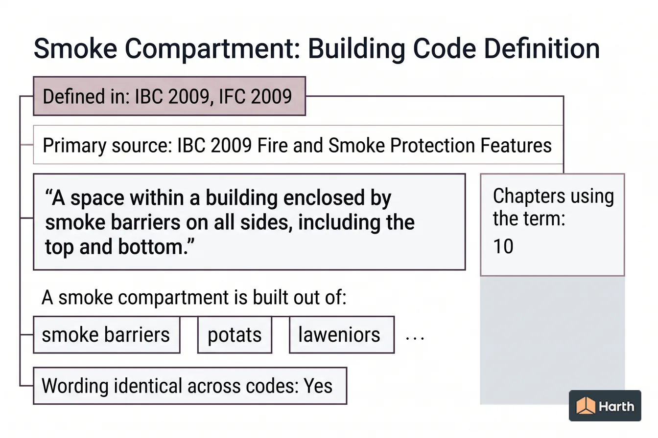 Labeled code-term definition diagram: Smoke Compartment: Building Code Definition