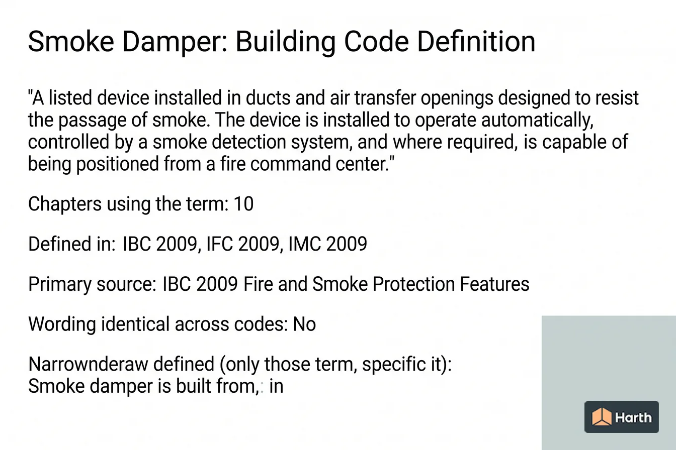 Labeled code-term definition diagram: Smoke Damper: Building Code Definition