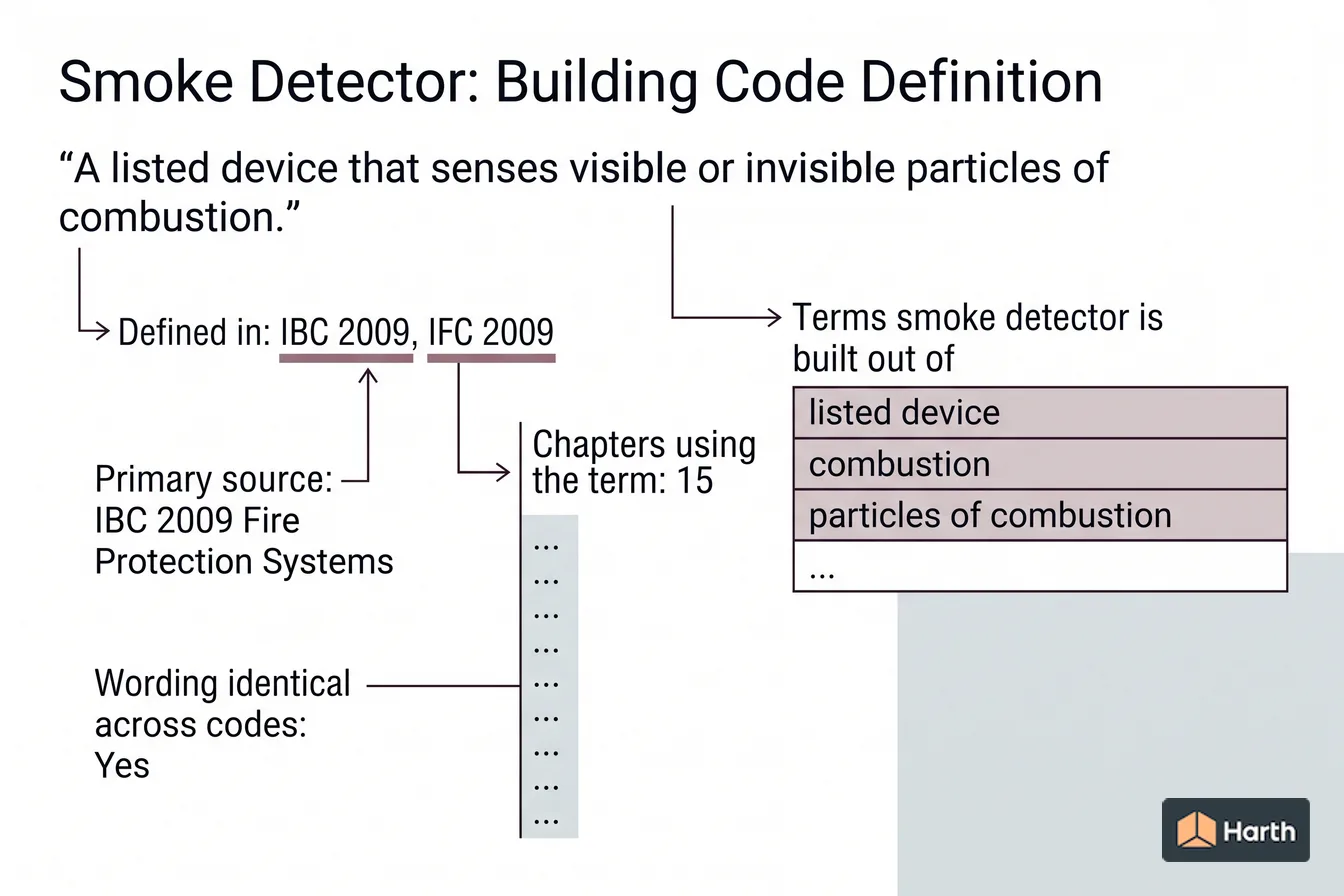 Labeled code-term definition diagram: Smoke Detector: Building Code Definition