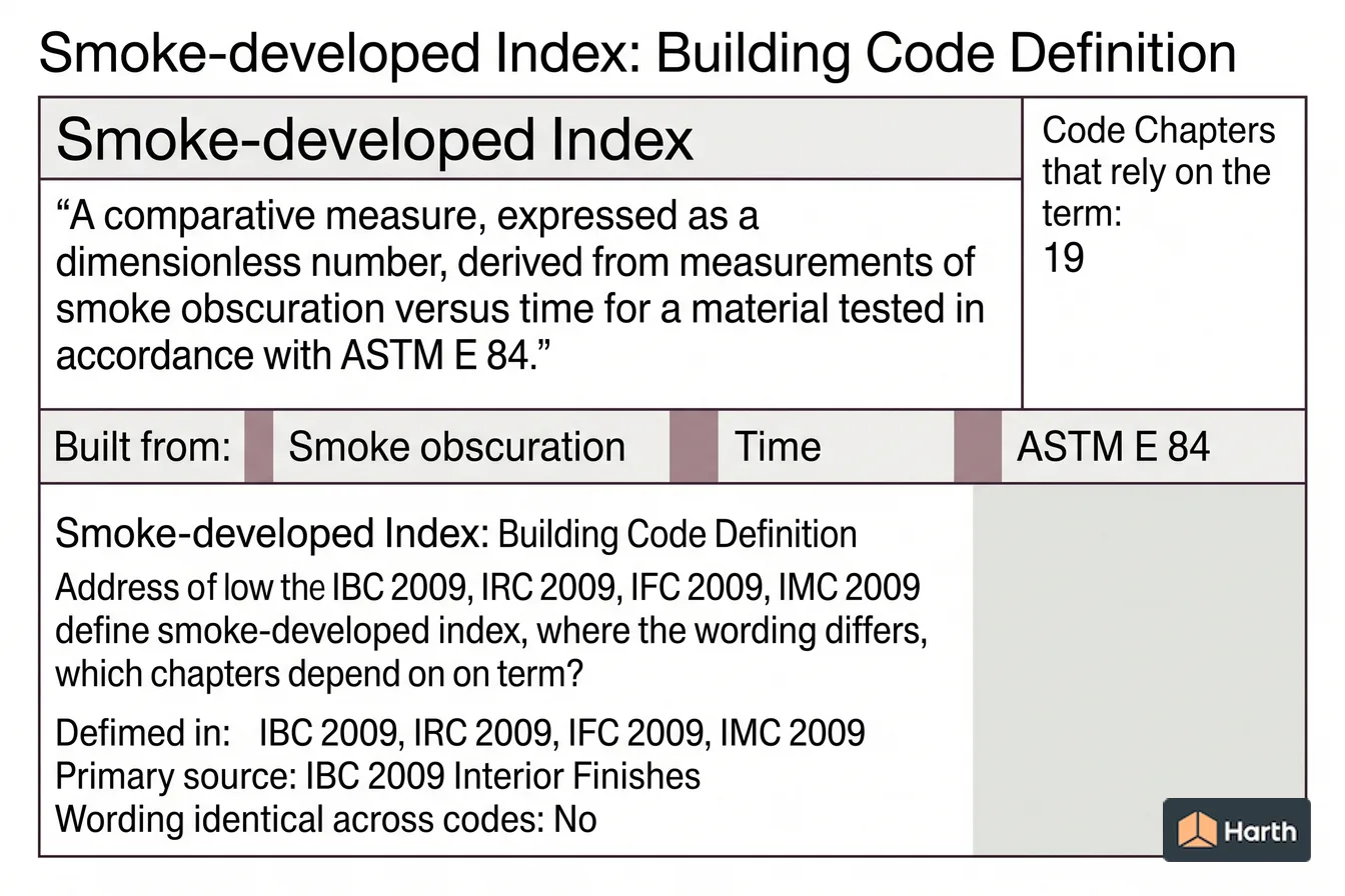 Labeled code-term definition diagram: Smoke-developed Index: Building Code Definition