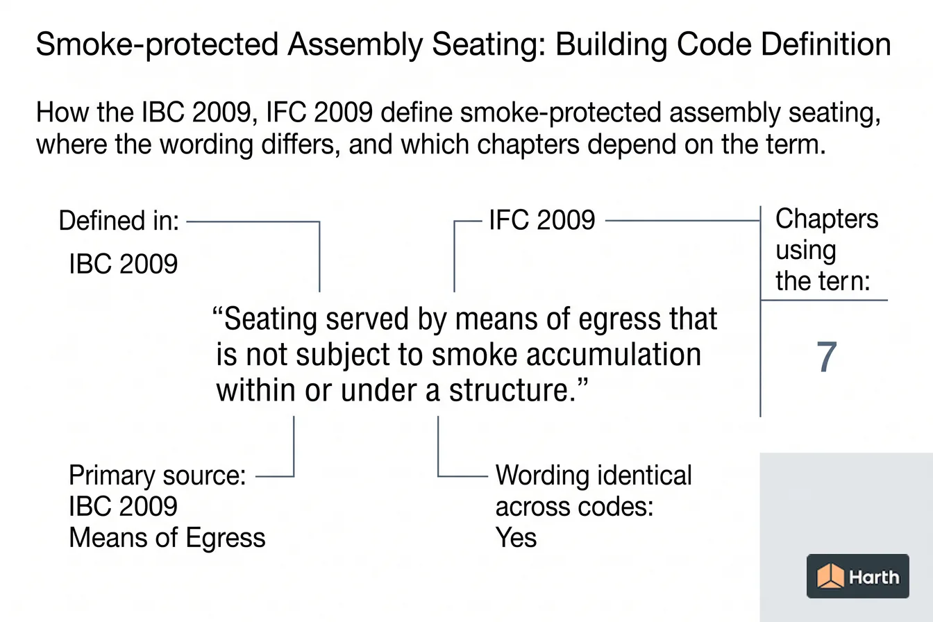 Labeled code-term definition diagram: Smoke-protected Assembly Seating: Building Code Definition