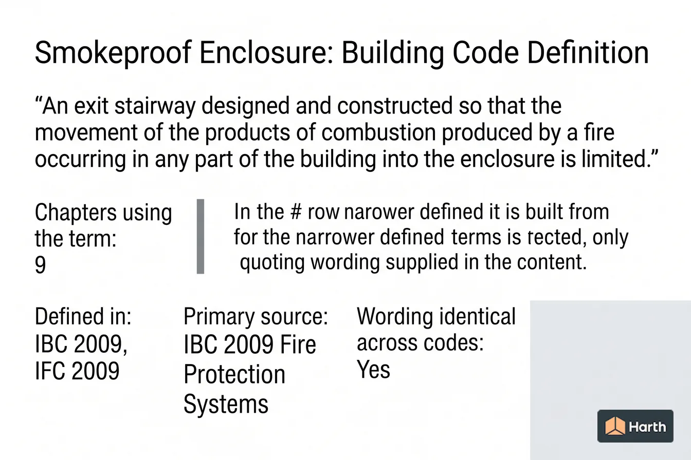 Labeled code-term definition diagram: Smokeproof Enclosure: Building Code Definition