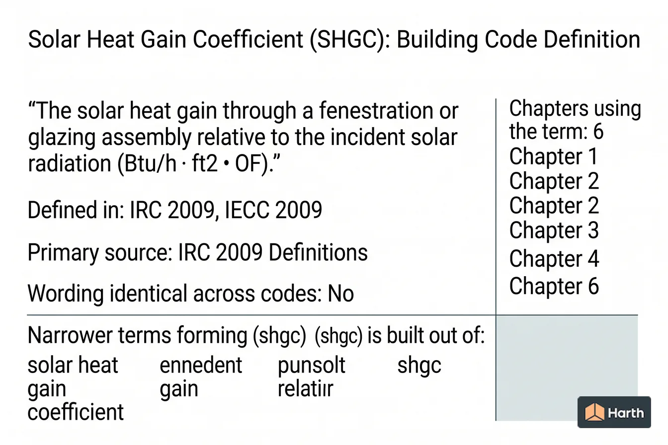 Labeled code-term definition diagram: Solar Heat Gain Coefficient (SHGC): Building Code Definition