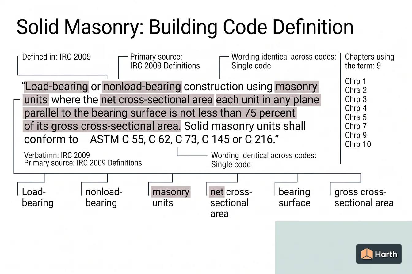 Labeled code-term definition diagram: Solid Masonry: Building Code Definition