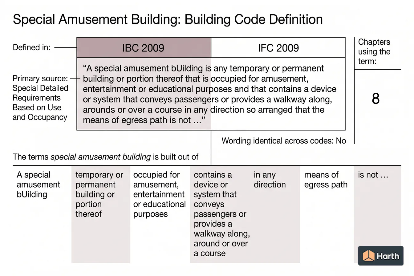 Labeled code-term definition diagram: Special Amusement Building: Building Code Definition