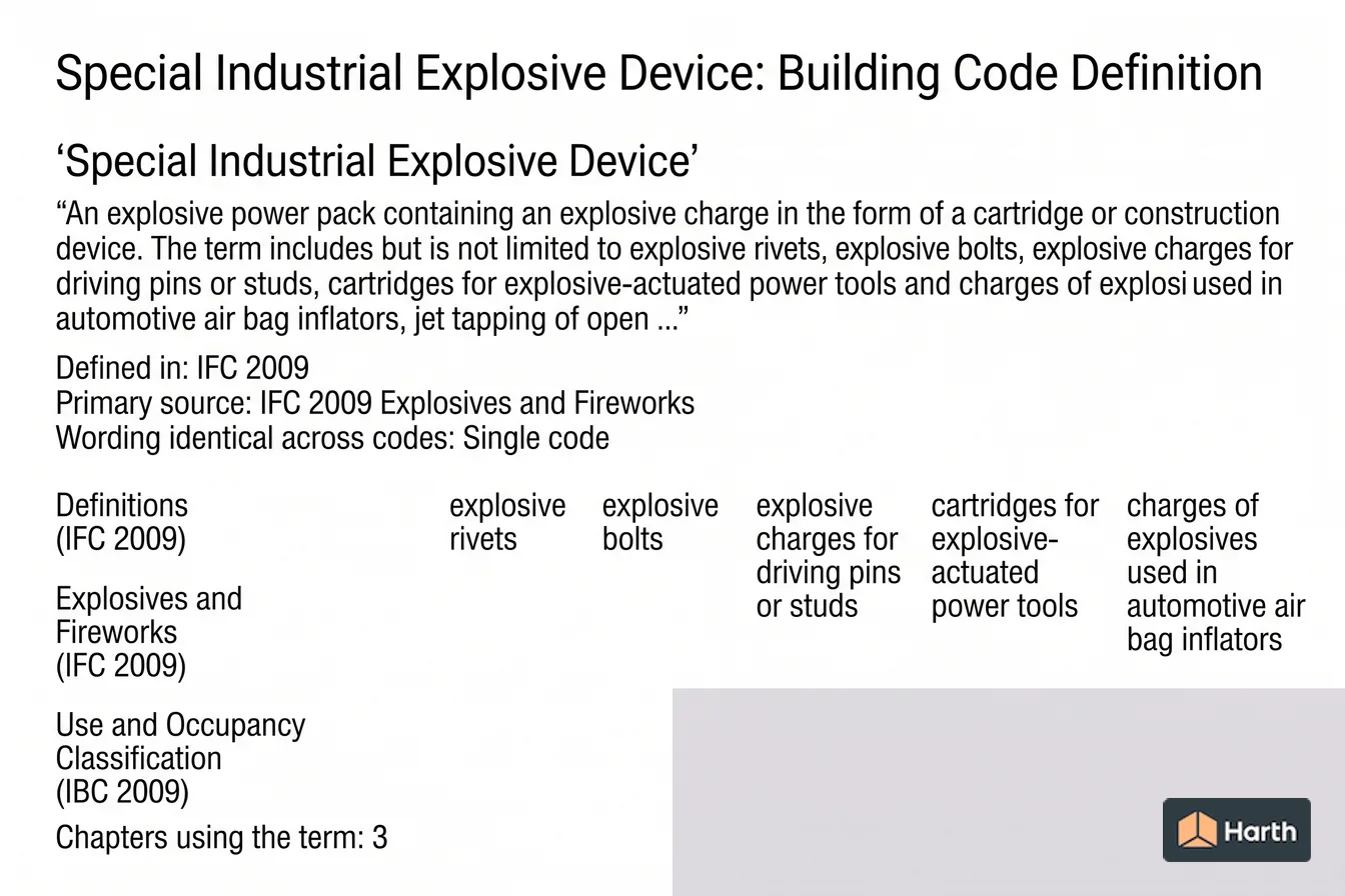Labeled code-term definition diagram: Special Industrial Explosive Device: Building Code Definition