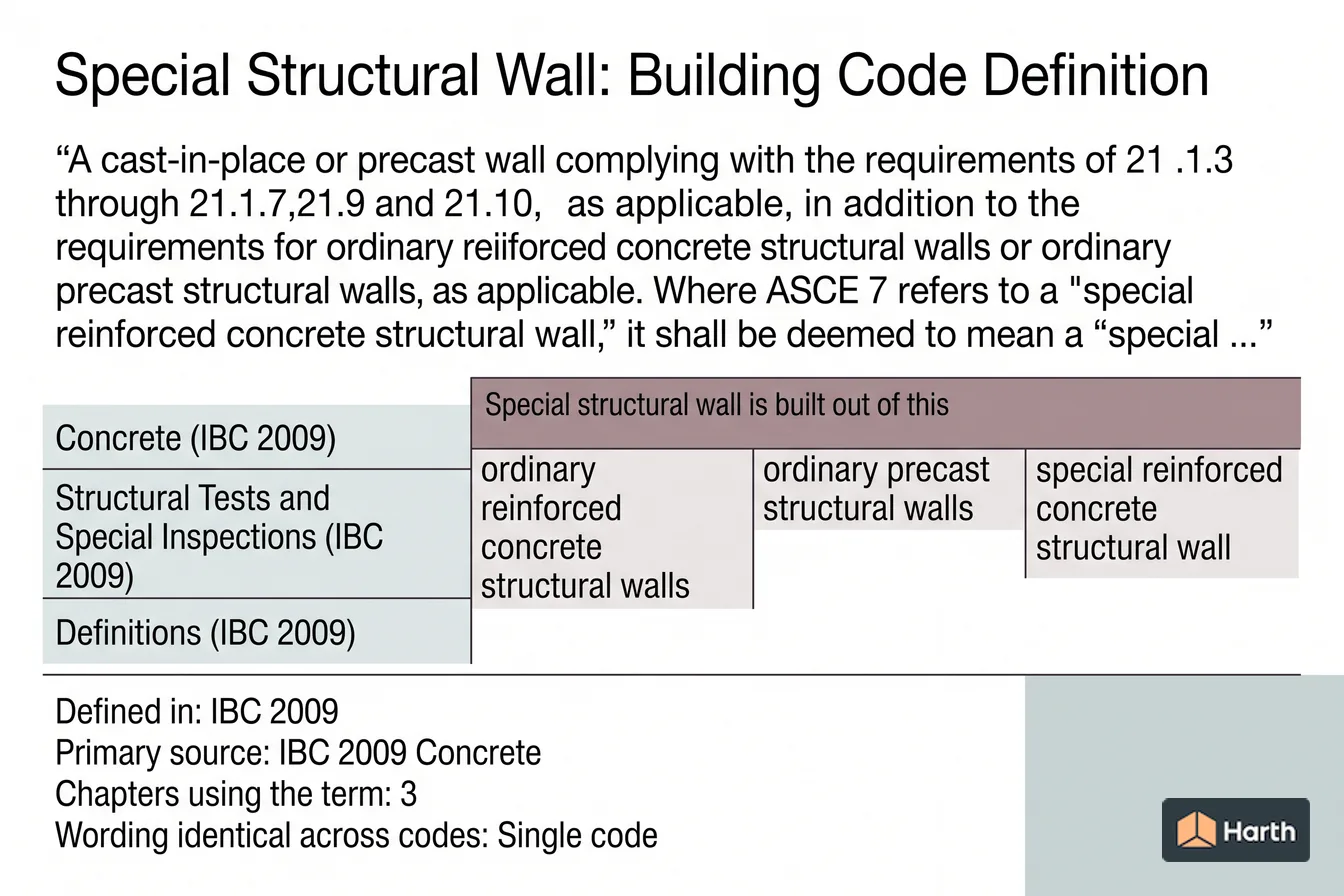 Labeled code-term definition diagram: Special Structural Wall: Building Code Definition