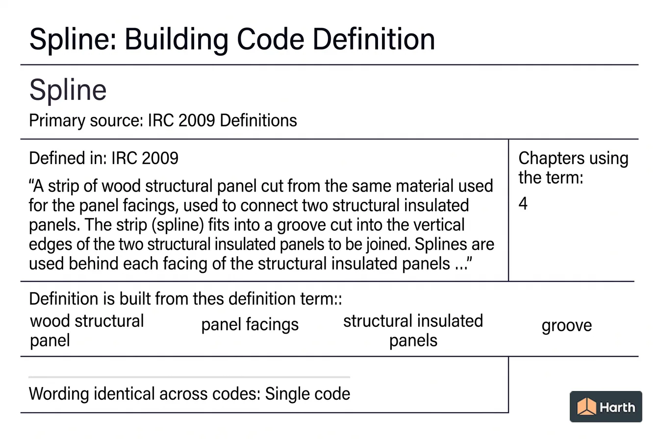 Labeled code-term definition diagram: Spline: Building Code Definition