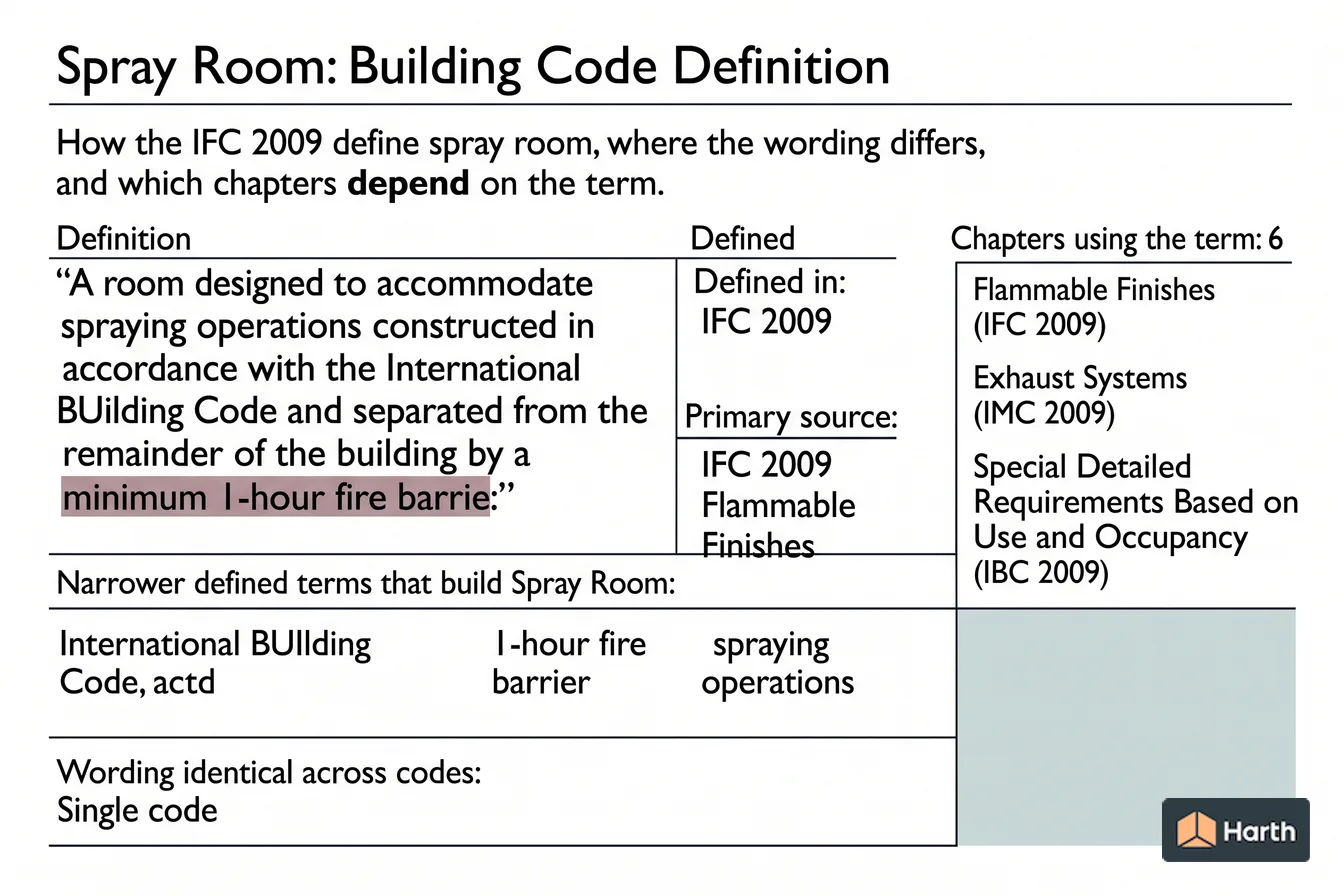 Labeled code-term definition diagram: Spray Room: Building Code Definition