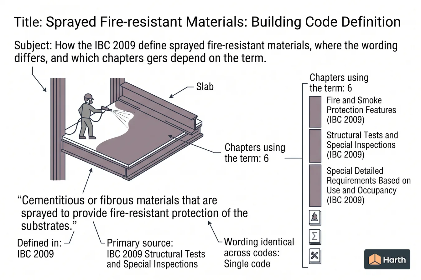 Labeled code-term definition diagram: Sprayed Fire-resistant Materials: Building Code Definition