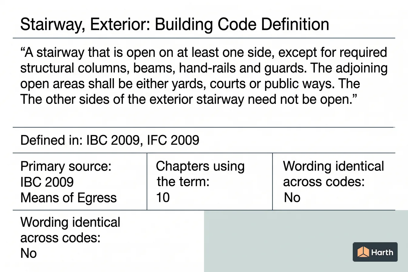 Labeled code-term definition diagram: Stairway, Exterior: Building Code Definition