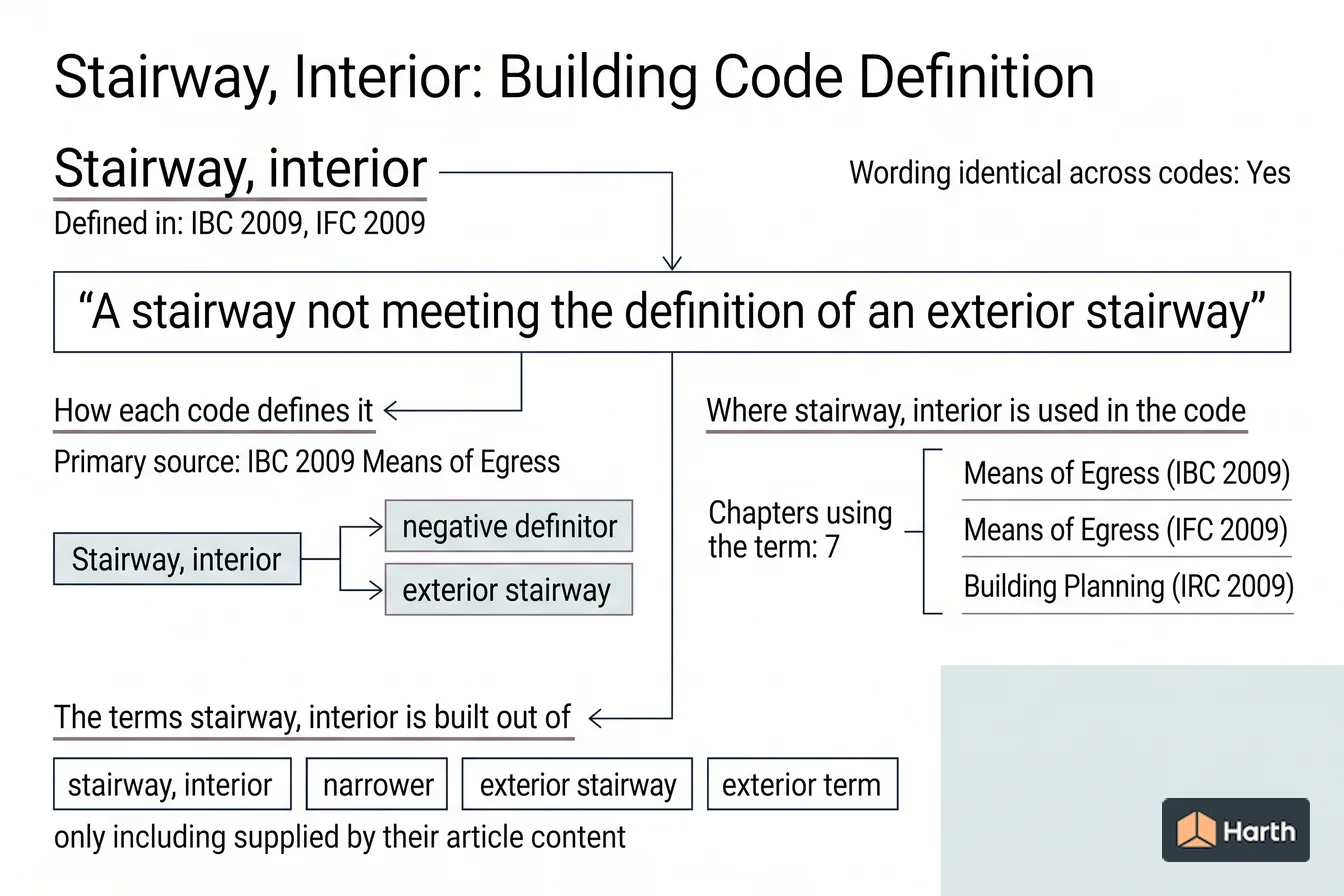 Labeled code-term definition diagram: Stairway, Interior: Building Code Definition