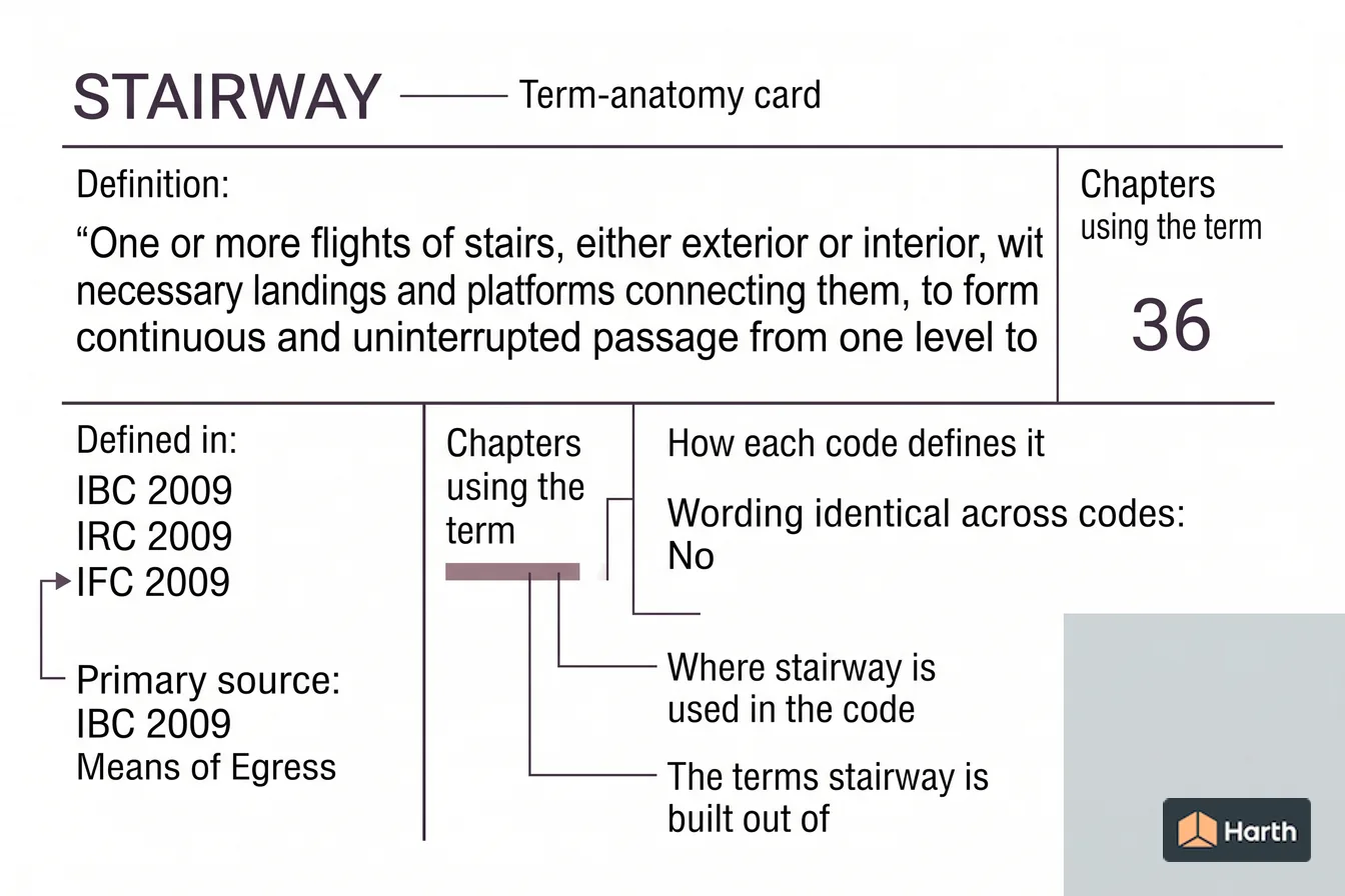 Labeled code-term definition diagram: Stairway: Building Code Definition