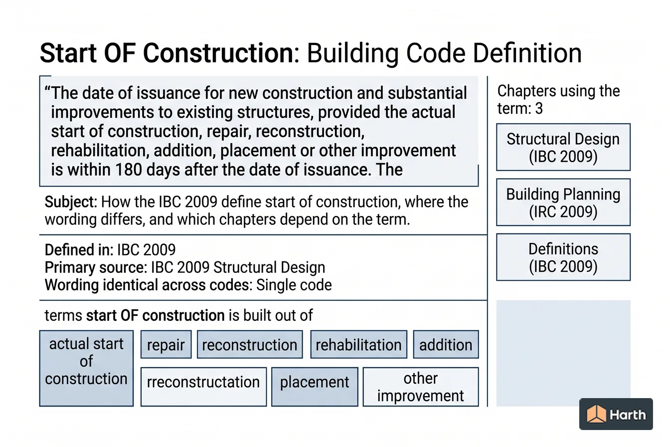 Labeled code-term definition diagram: Start OF Construction: Building Code Definition