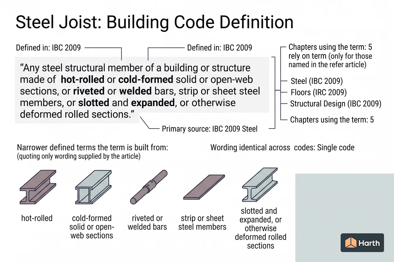 Labeled code-term definition diagram: Steel Joist: Building Code Definition