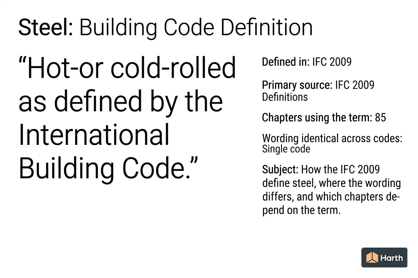 Labeled code-term definition diagram: Steel: Building Code Definition