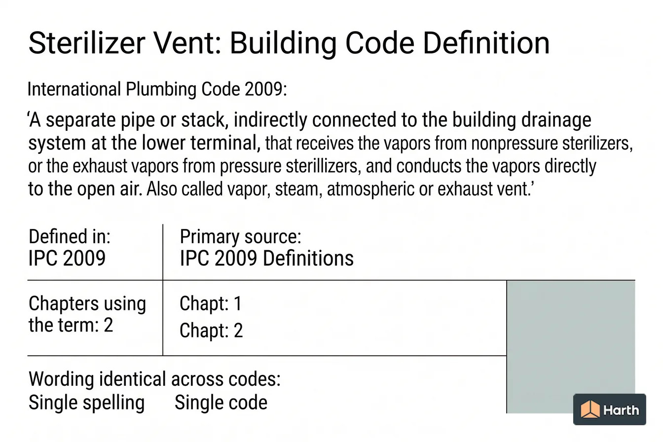 Labeled code-term definition diagram: Sterilizer Vent: Building Code Definition