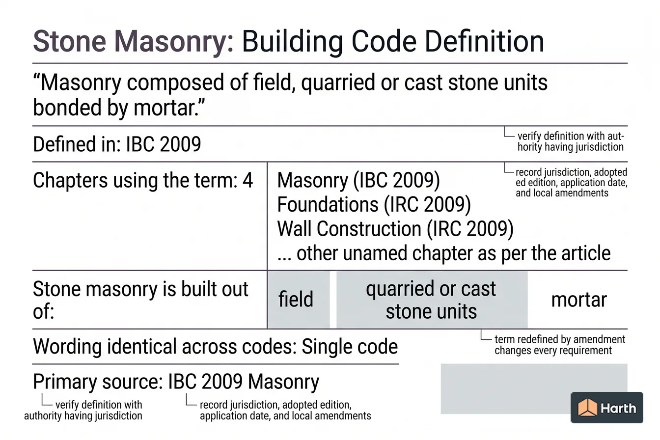 Labeled code-term definition diagram: Stone Masonry: Building Code Definition