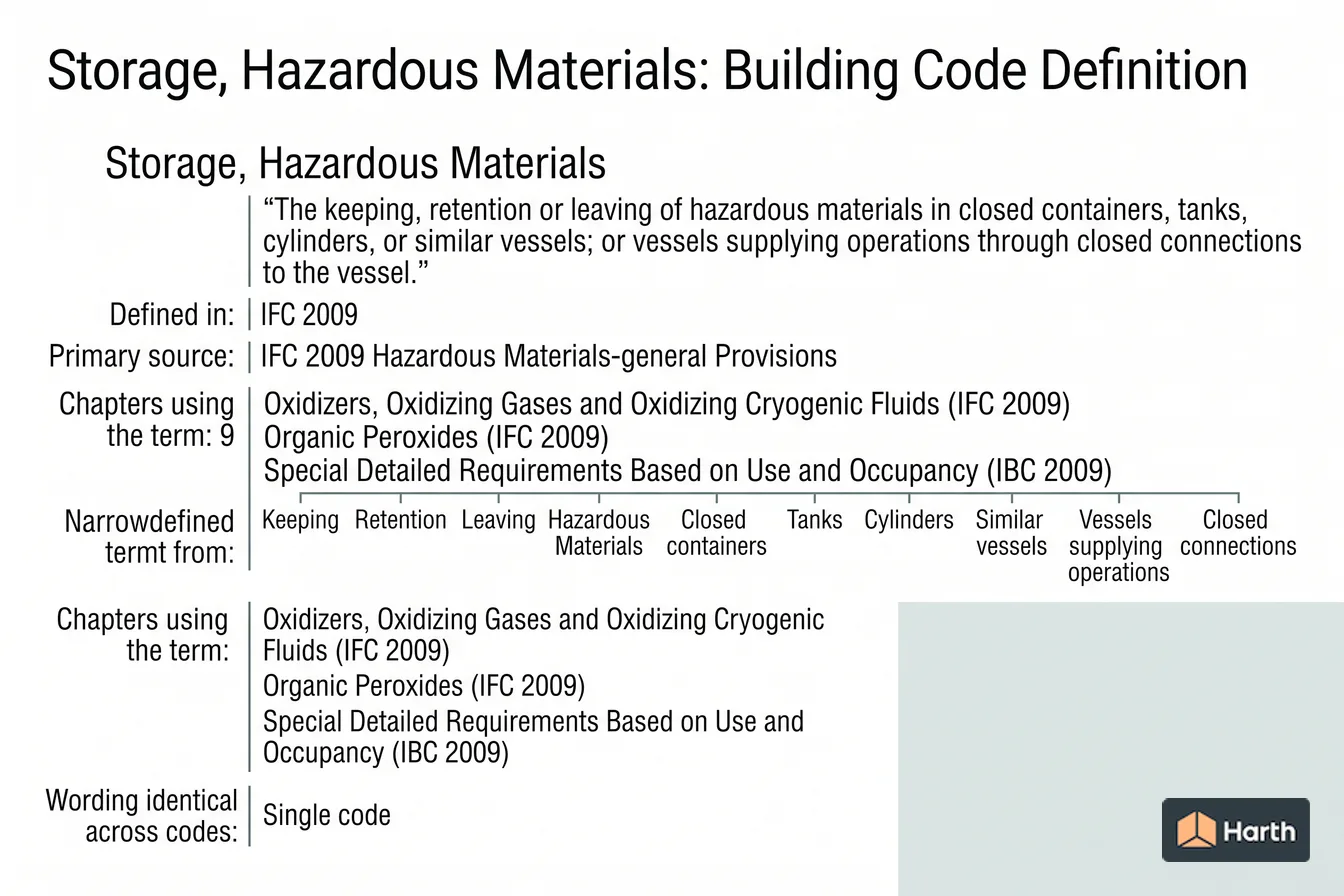 Labeled code-term definition diagram: Storage, Hazardous Materials: Building Code Definition