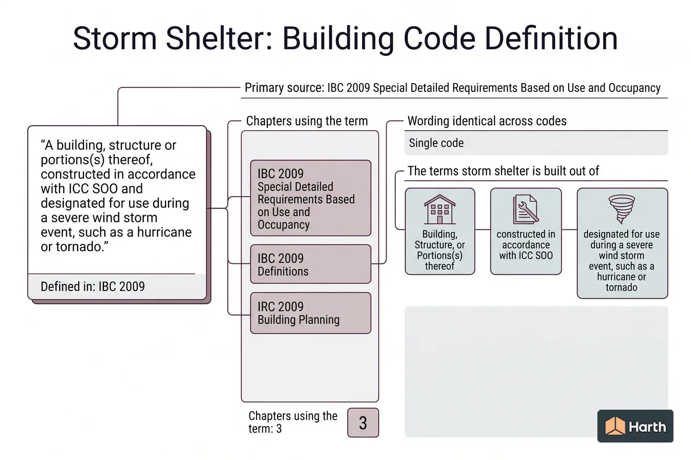 Labeled code-term definition diagram: Storm Shelter: Building Code Definition