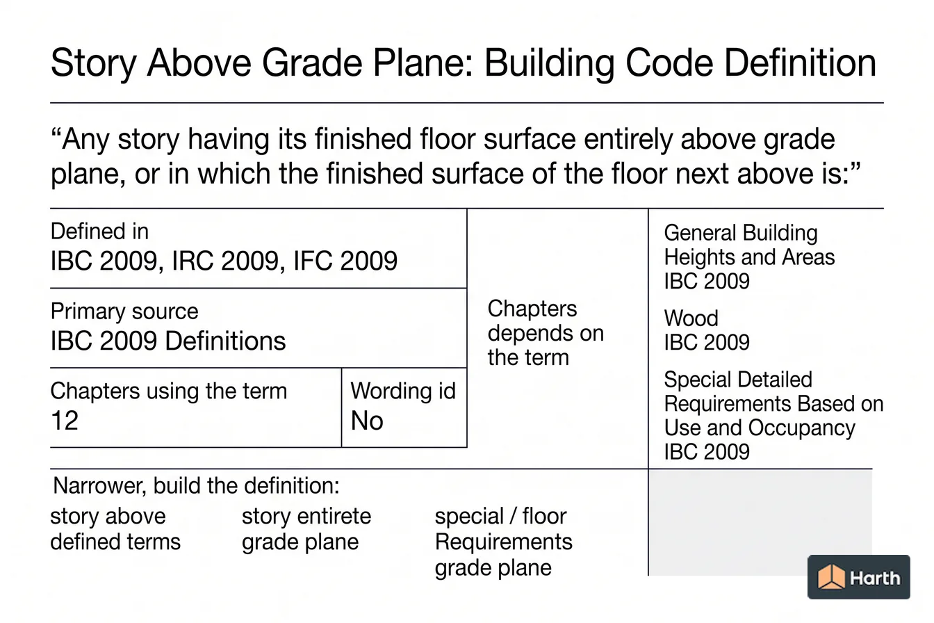 Labeled code-term definition diagram: Story Above Grade Plane: Building Code Definition