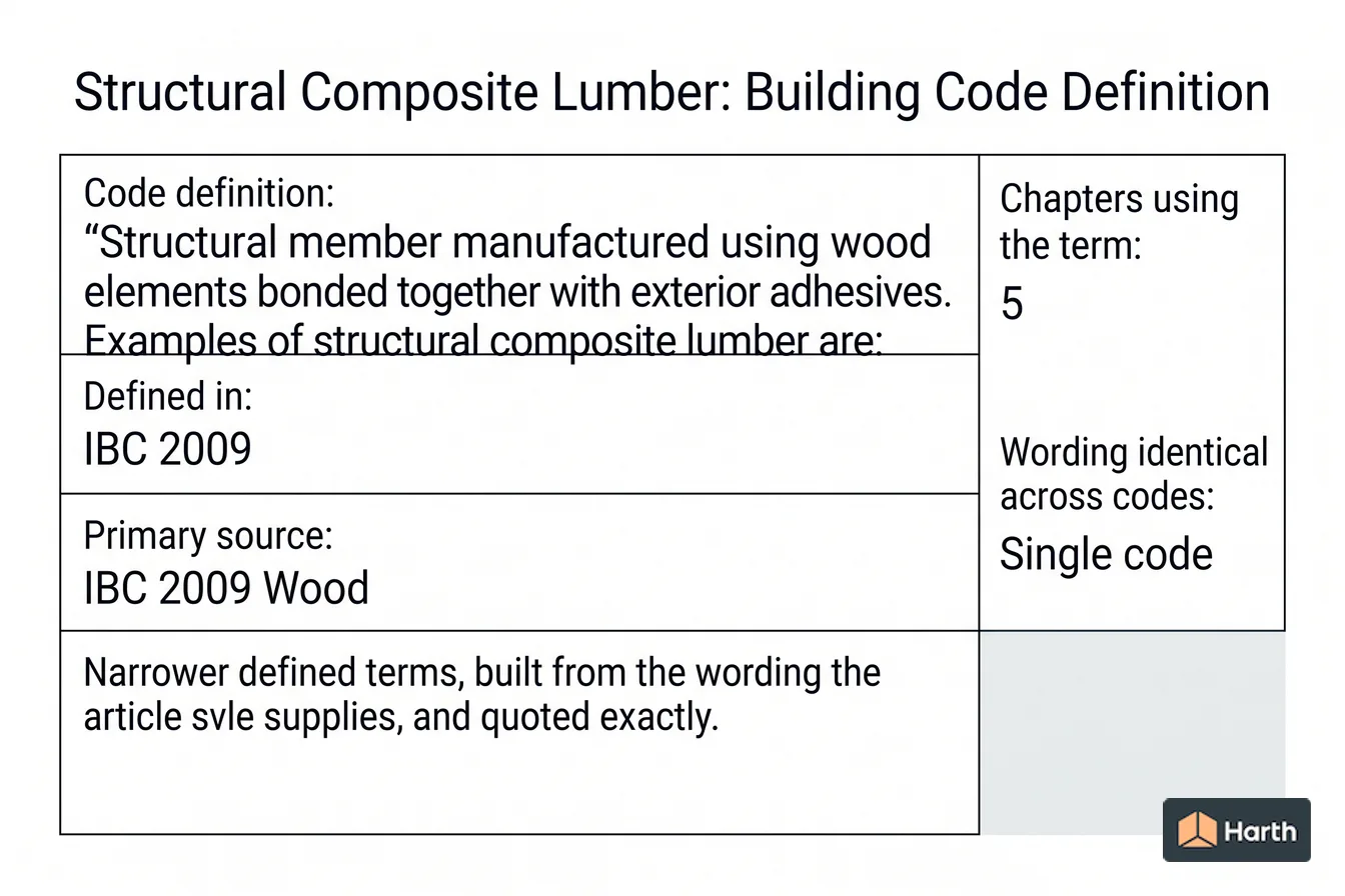 Labeled code-term definition diagram: Structural Composite Lumber: Building Code Definition