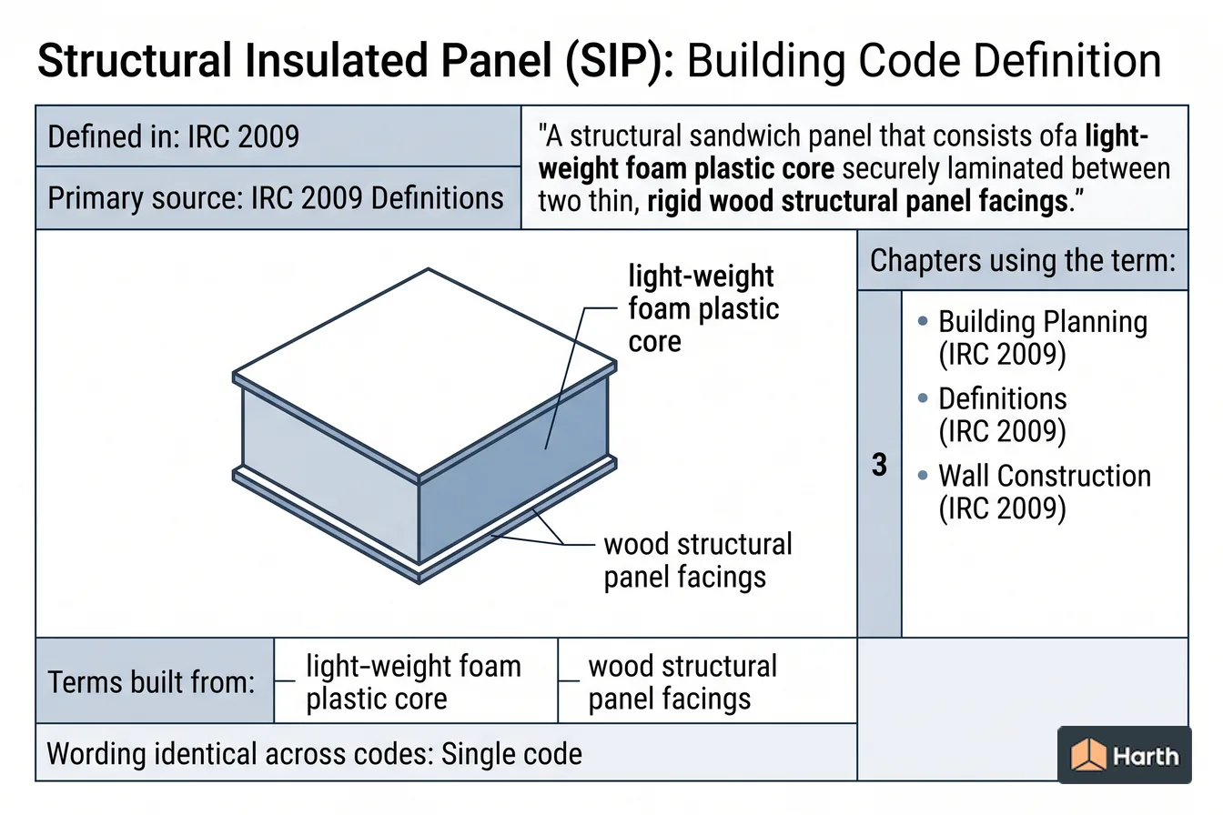 Labeled code-term definition diagram: Structural Insulated Panel (SIP): Building Code Definition