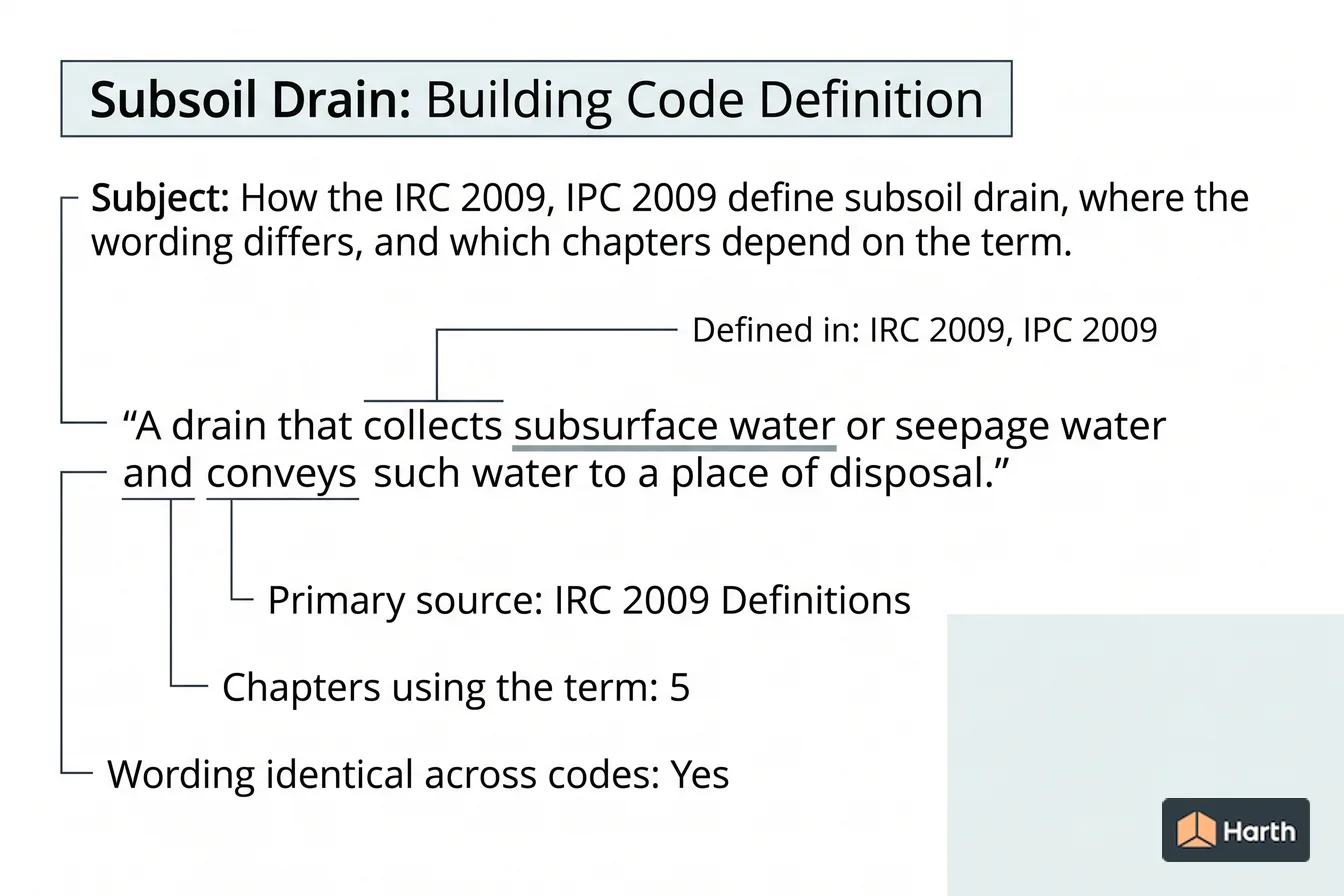 Labeled code-term definition diagram: Subsoil Drain: Building Code Definition