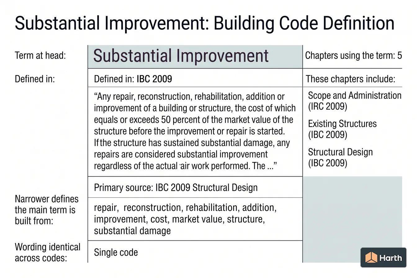 Labeled code-term definition diagram: Substantial Improvement: Building Code Definition