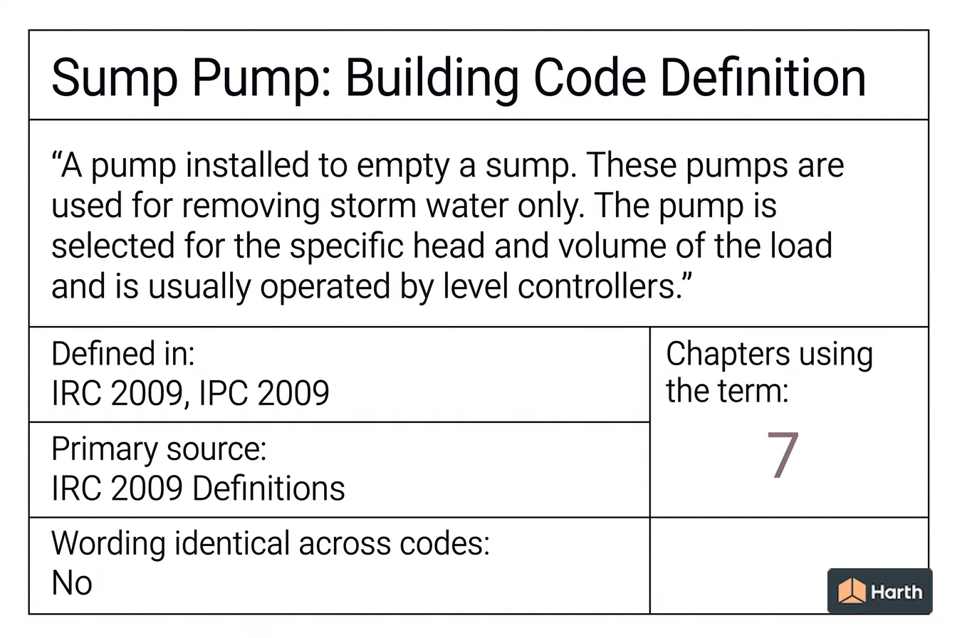 Labeled code-term definition diagram: Sump Pump: Building Code Definition