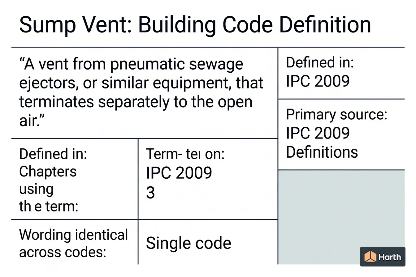 Labeled code-term definition diagram: Sump Vent: Building Code Definition