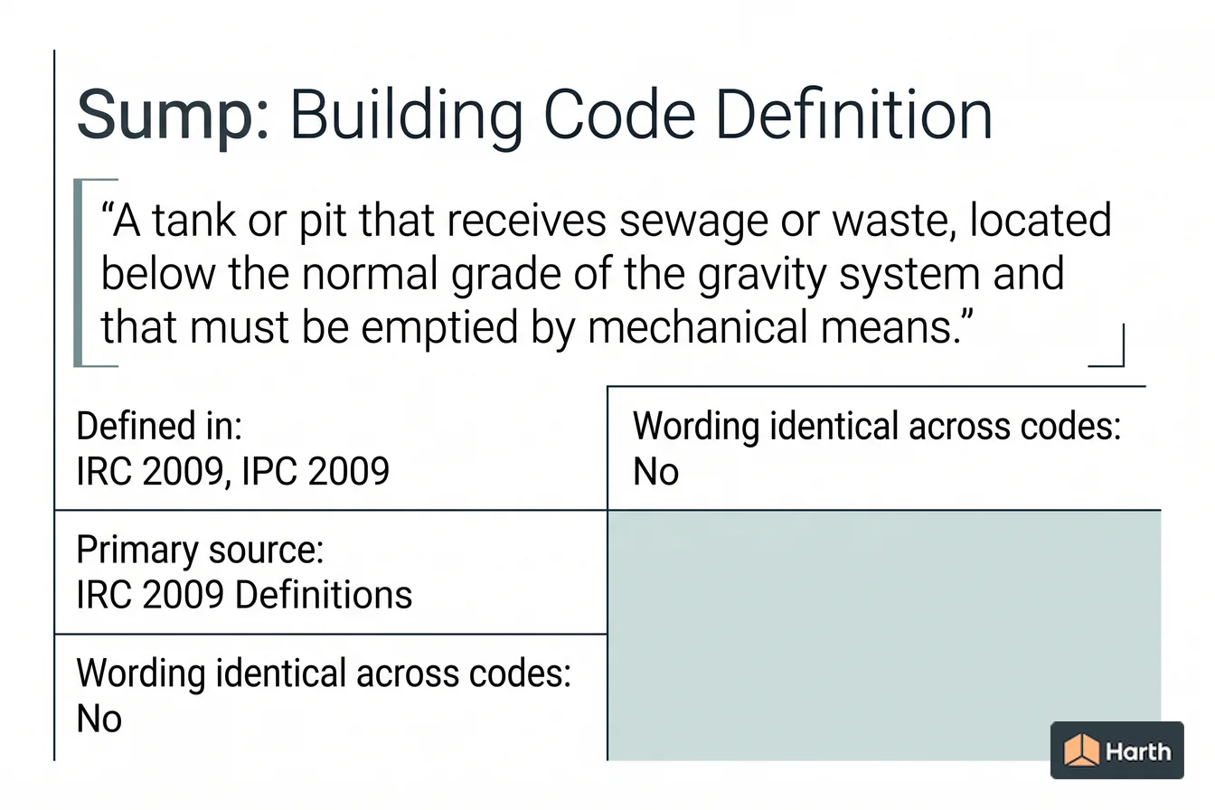 Labeled code-term definition diagram: Sump: Building Code Definition