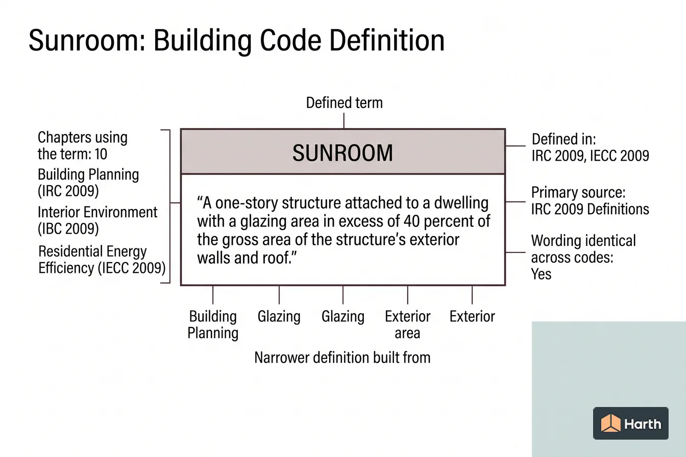 Labeled code-term definition diagram: Sunroom: Building Code Definition