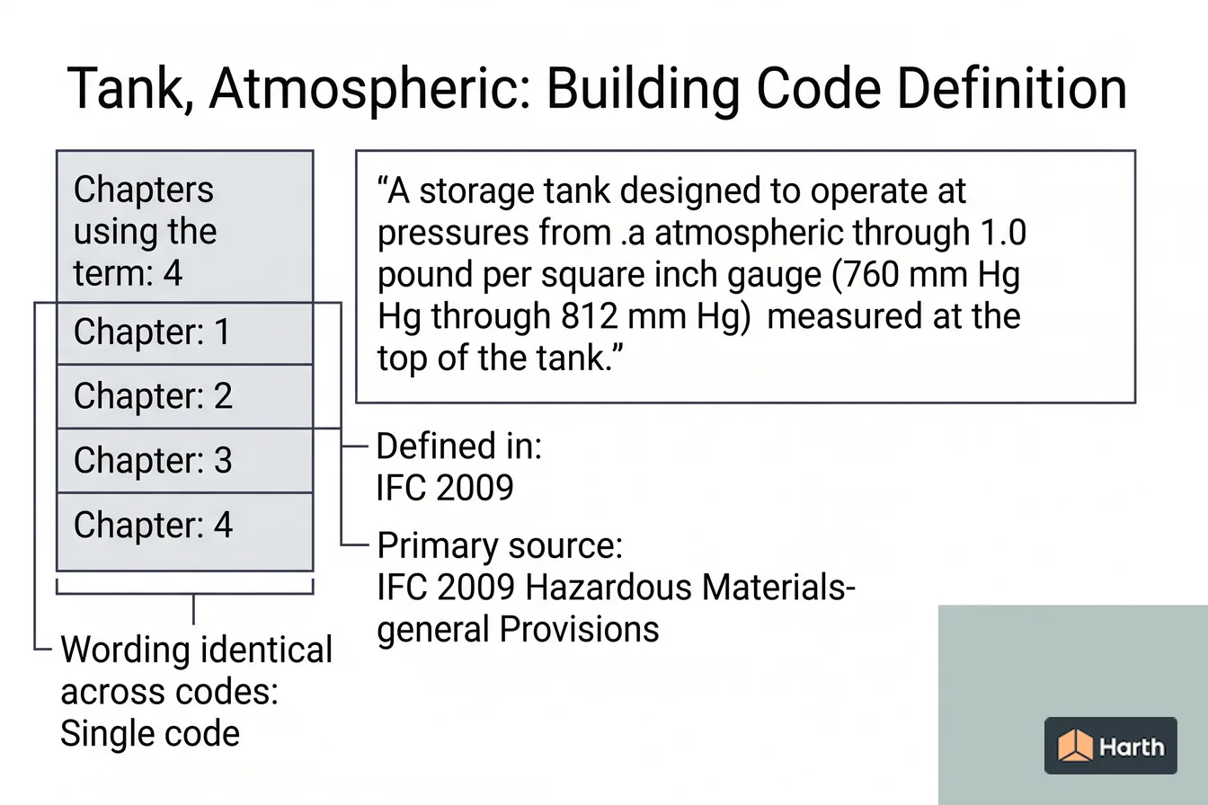 Labeled code-term definition diagram: Tank, Atmospheric: Building Code Definition