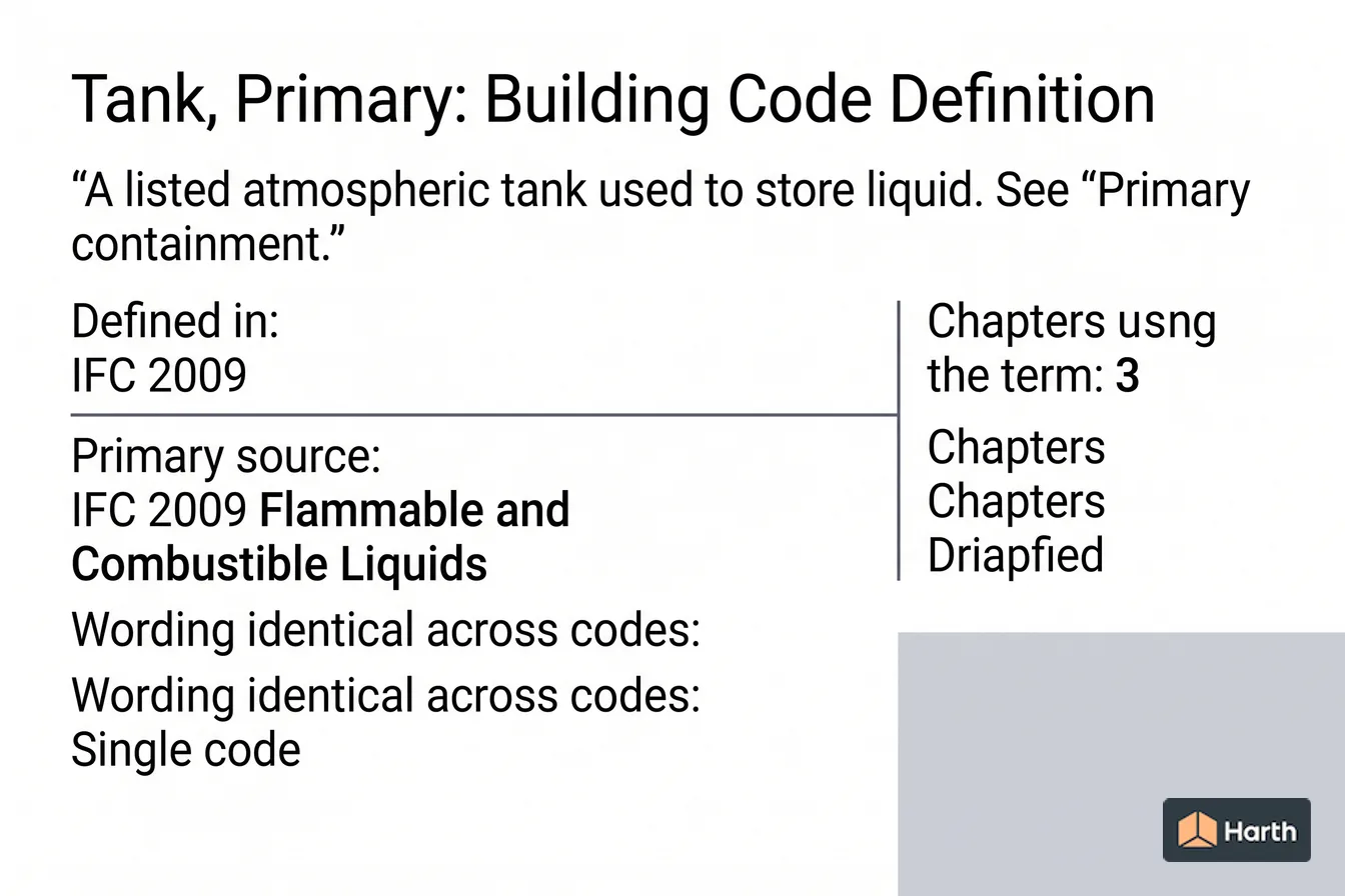Labeled code-term definition diagram: Tank, Primary: Building Code Definition