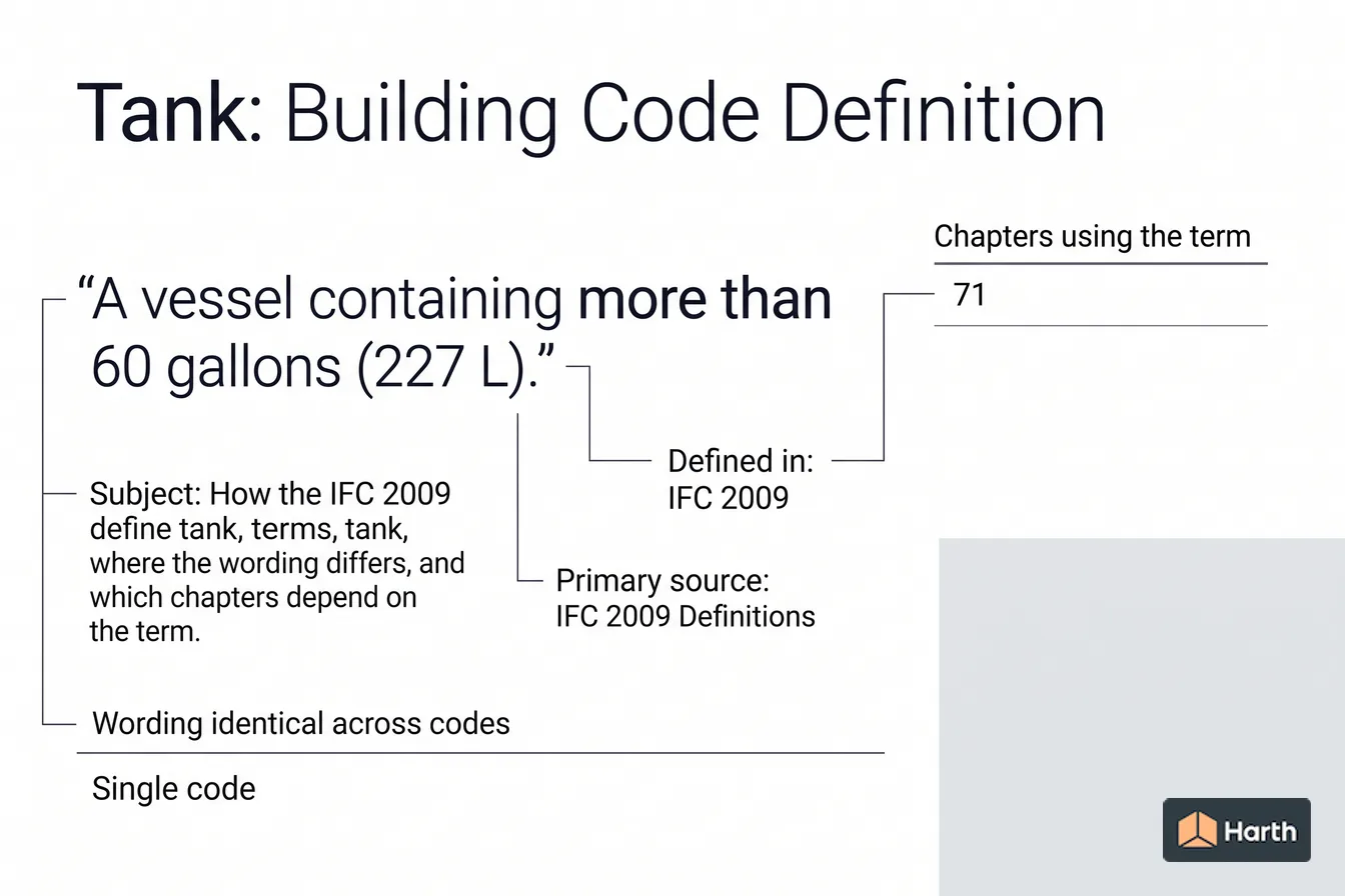 Labeled code-term definition diagram: Tank: Building Code Definition