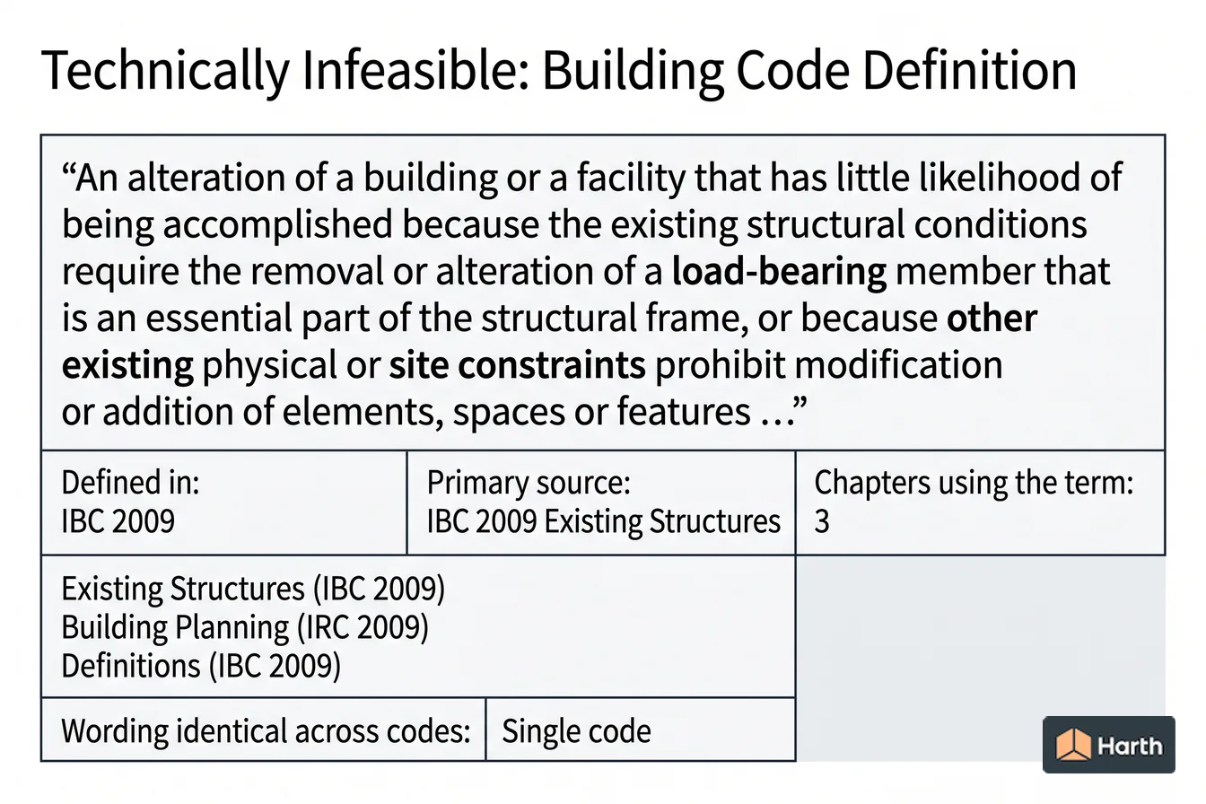 Labeled code-term definition diagram: Technically Infeasible: Building Code Definition