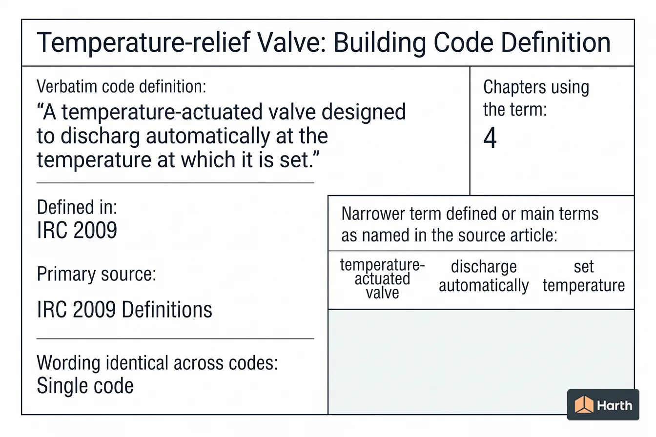 Labeled code-term definition diagram: Temperature-relief Valve: Building Code Definition